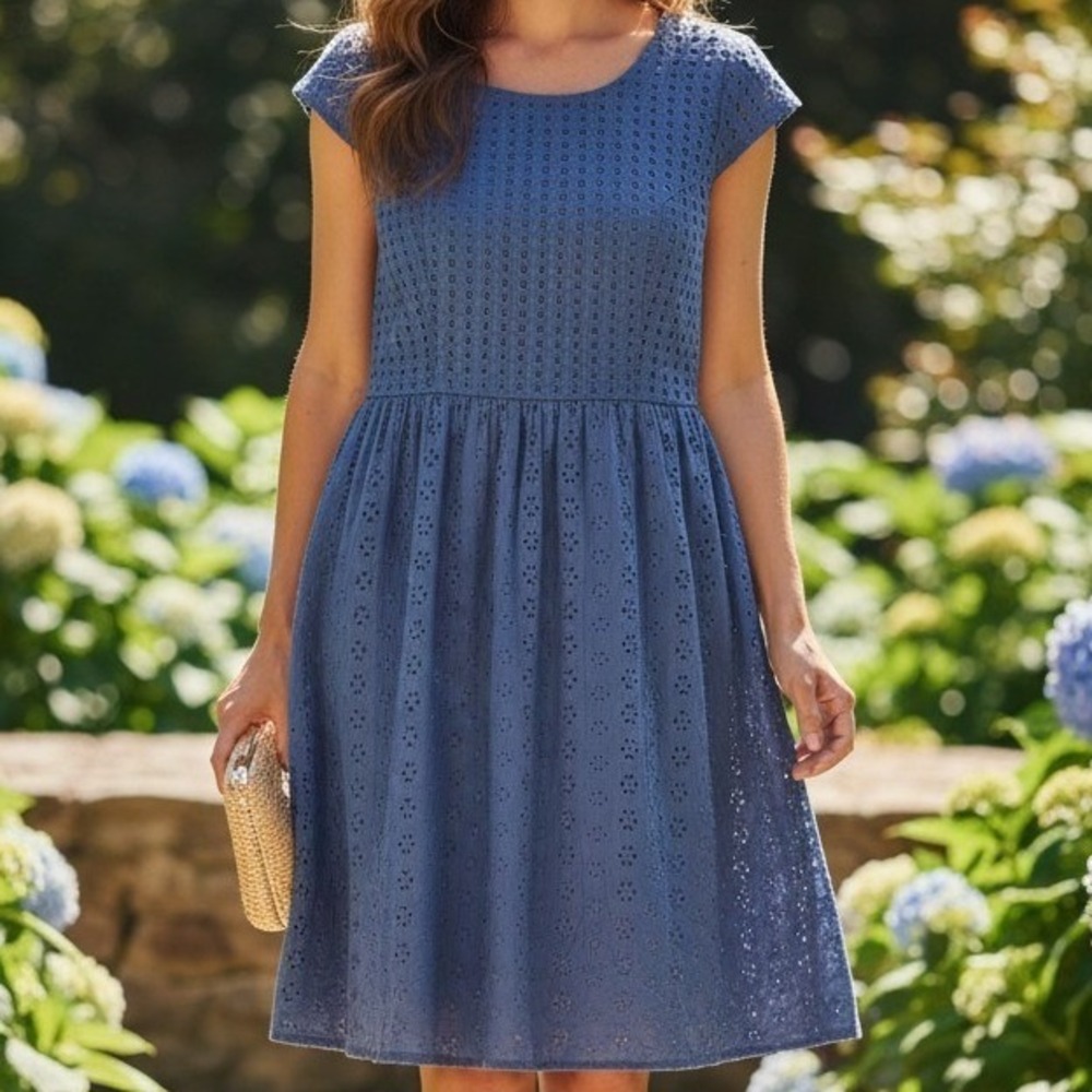 Daytime Cocktail Eyelet Mini Dress M Blue Lattice Bodice Cap Sleeve Skater Boho